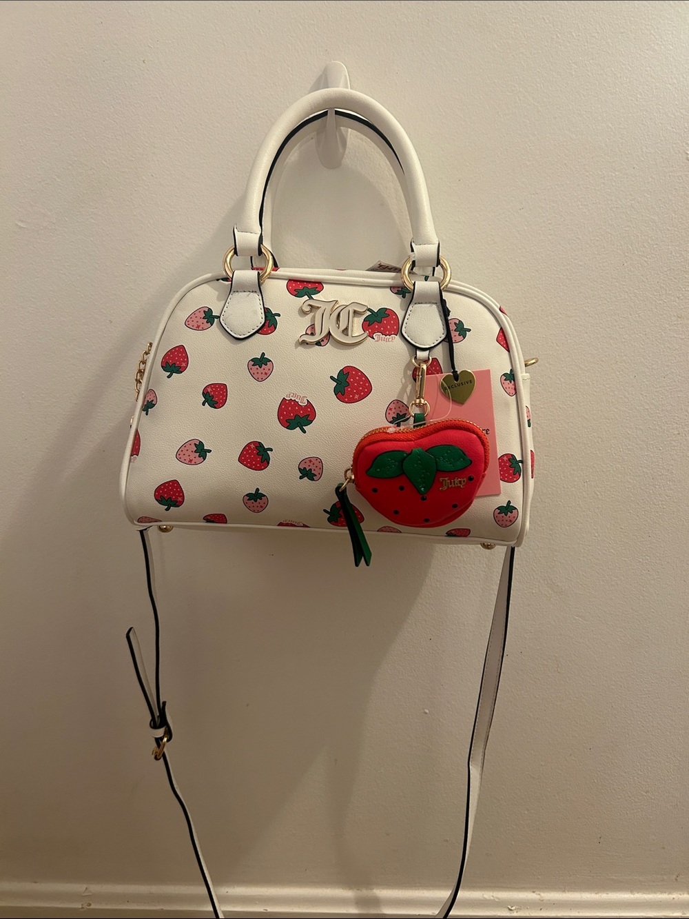 Juicy Couture White Strawberry Print Satchel with Charm
